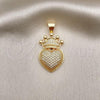 Oro Laminado Fancy Pendant, Gold Filled Style Crown and Heart Design, with White Micro Pave, Polished, Golden Finish, 05.342.0126