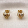 Oro Laminado Stud Earring, Gold Filled Style Heart Design, Diamond Cutting Finish, Golden Finish, 02.163.0385
