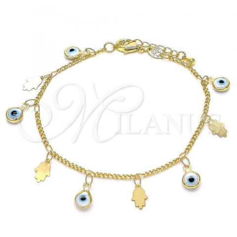 Oro Laminado Charm Bracelet, Gold Filled Style Evil Eye and Hand of God Design, White Resin Finish, Golden Finish, 03.169.0005.08