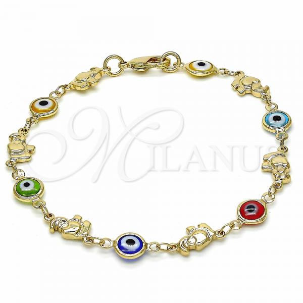 Oro Laminado Fancy Bracelet, Gold Filled Style Evil Eye and Elephant Design, Multicolor Resin Finish, Golden Finish, 03.326.0010.08