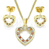 Oro Laminado Earring and Pendant Adult Set, Gold Filled Style Heart Design, with Garnet and White Micro Pave, Polished, Golden Finish, 10.344.0001.1