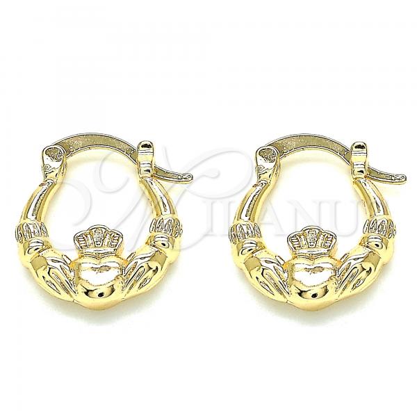 Oro Laminado Small Hoop, Gold Filled Style Heart and Crown Design, Polished, Golden Finish, 02.233.0035.15