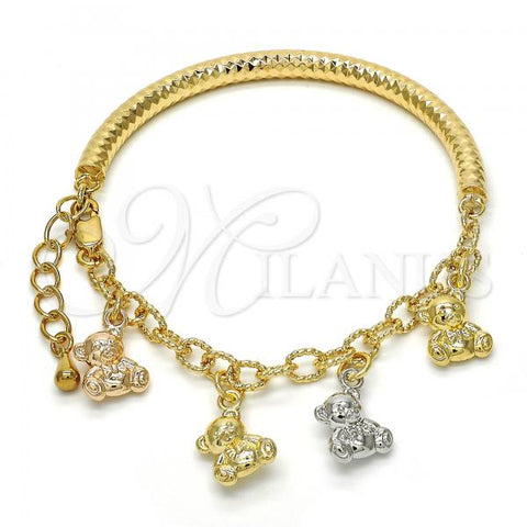 Oro Laminado Charm Bracelet, Gold Filled Style Teddy Bear and Hollow Design, Diamond Cutting Finish, Tricolor, 03.63.1815.1.08
