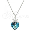 Rhodium Plated Pendant Necklace, Heart and Flower Design, with Bermuda Blue Swarovski Crystals and White Cubic Zirconia, Polished, Rhodium Finish, 04.239.0019.16
