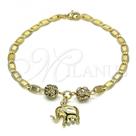 Oro Laminado Charm Bracelet, Gold Filled Style Elephant Design, with White Crystal, Polished, Golden Finish, 03.63.2076.08
