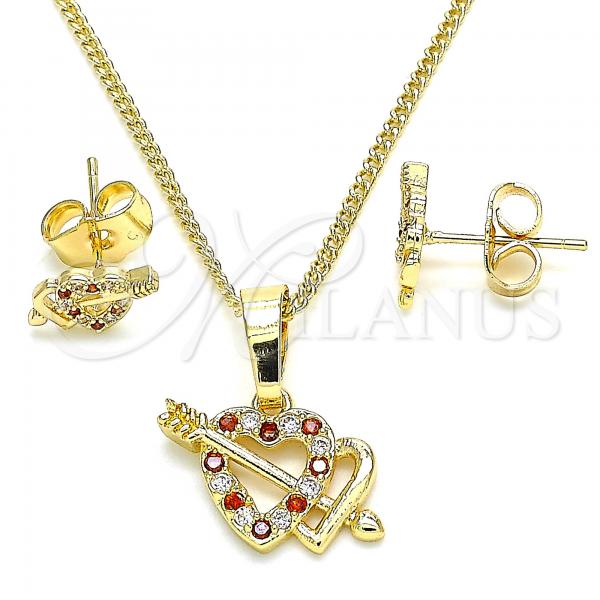 Oro Laminado Earring and Pendant Adult Set, Gold Filled Style Heart Design, with Garnet and White Micro Pave, Polished, Golden Finish, 10.233.0044.1