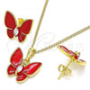 Oro Laminado Earring and Pendant Adult Set, Gold Filled Style Butterfly Design, with White Crystal, Red Enamel Finish, Golden Finish, 10.379.0009.1