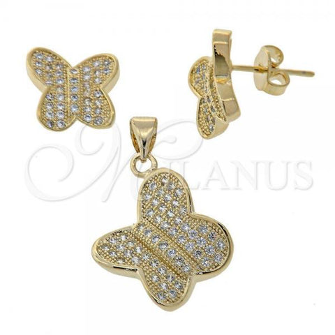 Oro Laminado Earring and Pendant Adult Set, Gold Filled Style Butterfly Design, with White Micro Pave, Polished, Golden Finish, 10.166.0003