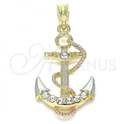 Oro Laminado Fancy Pendant, Gold Filled Style Anchor and Twist Design, with White Crystal, Polished, Tricolor, 05.380.0095