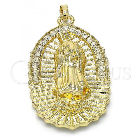 Oro Laminado Religious Pendant, Gold Filled Style Guadalupe Design, with White Crystal, Polished, Golden Finish, 05.213.0027