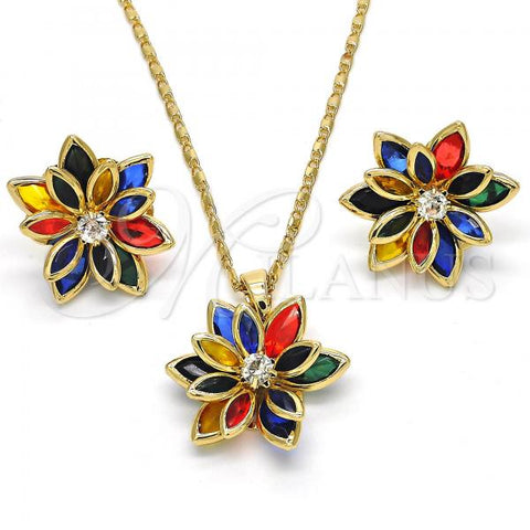 Oro Laminado Earring and Pendant Adult Set, Gold Filled Style Flower Design, with Multicolor Crystal, Polished, Golden Finish, 10.64.0155.5