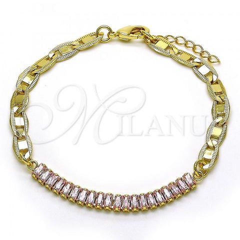 Oro Laminado Fancy Bracelet, Gold Filled Style Mariner Design, with Pink Cubic Zirconia, Polished, Golden Finish, 03.130.0012.3.08