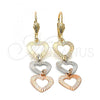 Oro Laminado Long Earring, Gold Filled Style Heart Design, Diamond Cutting Finish, Tricolor, 5.068.013