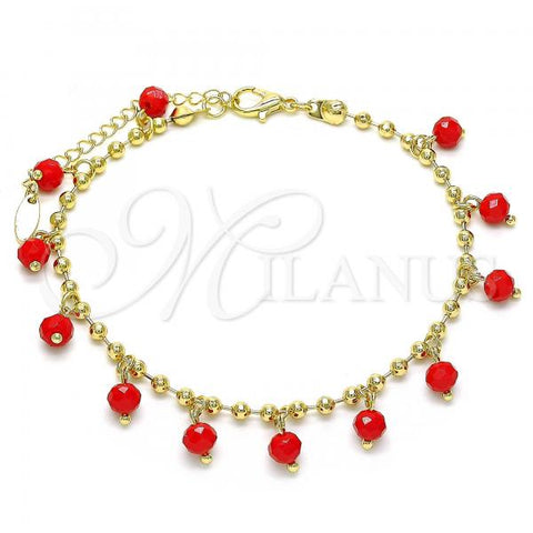 Oro Laminado Charm Anklet , Gold Filled Style with Garnet Crystal, Polished, Golden Finish, 03.383.0011.1.10
