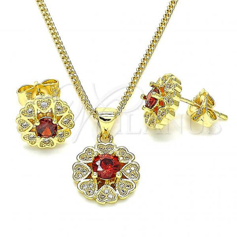 Oro Laminado Earring and Pendant Adult Set, Gold Filled Style Heart Design, with Garnet Cubic Zirconia and White Micro Pave, Polished, Golden Finish, 10.156.0144.1