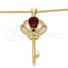 Oro Laminado Pendant Necklace, Gold Filled Style key Design, with Garnet Cubic Zirconia and White Micro Pave, Polished, Golden Finish, 04.156.0177.20