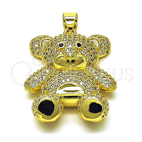 Oro Laminado Fancy Pendant, Gold Filled Style Teddy Bear Design, with White and Black Micro Pave, Polished, Golden Finish, 05.341.0087