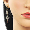 Oro Laminado Long Earring, Gold Filled Style Flower and Teardrop Design, with Multicolor and White Cubic Zirconia, Polished, Golden Finish, 02.323.0107
