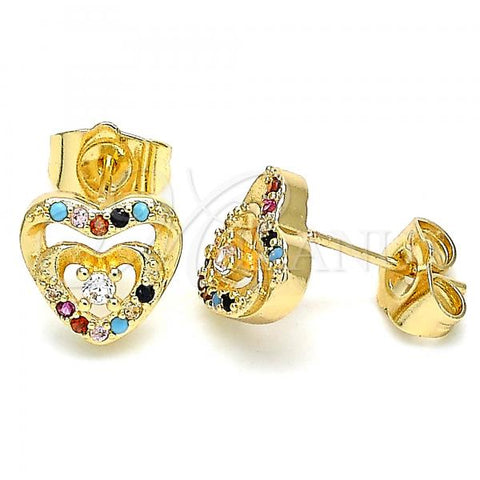 Oro Laminado Stud Earring, Gold Filled Style Heart Design, with Multicolor Micro Pave and White Cubic Zirconia, Polished, Golden Finish, 02.233.0047.2