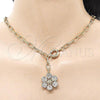 Oro Laminado Fancy Necklace, Gold Filled Style Flower and Rolo Design, with White Cubic Zirconia, Polished, Golden Finish, 04.63.1443.20