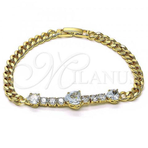 Oro Laminado Fancy Bracelet, Gold Filled Style Heart Design, with White Cubic Zirconia, Polished, Golden Finish, 03.283.0094.07