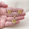 Oro Laminado Earring and Pendant Adult Set, Gold Filled Style Flower Design, Matte Finish, Golden Finish, 10.342.0259