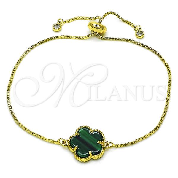 Oro Laminado Adjustable Bolo Bracelet, Gold Filled Style Flower and Box Design, with Green Opal and White Cubic Zirconia, Polished, Golden Finish, 03.313.0041.1.11