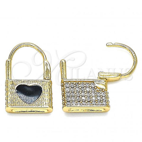 Oro Laminado Huggie Hoop, Gold Filled Style Lock and Heart Design, with White Micro Pave, Black Enamel Finish, Golden Finish, 02.213.0210.10