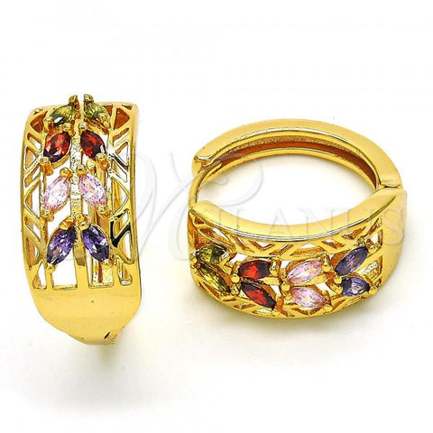 Oro Laminado Huggie Hoop, Gold Filled Style Leaf Design, with Multicolor Cubic Zirconia, Polished, Golden Finish, 02.287.0003.20
