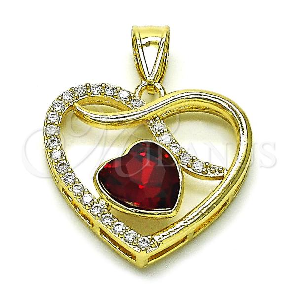 Oro Laminado Fancy Pendant, Gold Filled Style Heart Design, with Garnet Crystal and White Cubic Zirconia, Polished, Golden Finish, 05.411.0029