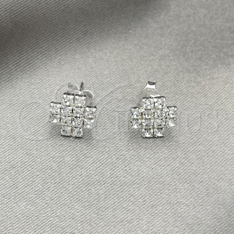 Sterling Silver Stud Earring, Flower Design, with White Crystal, Polished, Silver Finish, 02.406.0014.03