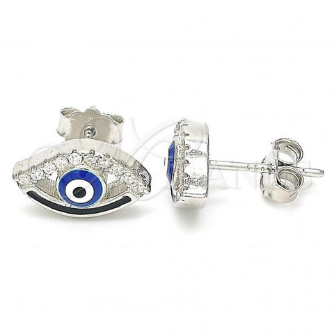 Sterling Silver Stud Earring, Evil Eye Design, Blue Enamel Finish, Rhodium Finish, 02.336.0166