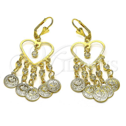 Oro Laminado Long Earring, Gold Filled Style Heart Design, with White Crystal, Polished, Golden Finish, 02.414.0003