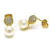 Oro Laminado Stud Earring, Gold Filled Style Ball Design, with Ivory Pearl and White Micro Pave, Polished, Golden Finish, 02.342.0264