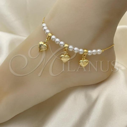 Oro Laminado Fancy Anklet, Gold Filled Style Heart and Ball Design, with Ivory Pearl, Polished, Golden Finish, 03.32.0633.10