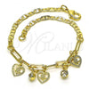 Oro Laminado Charm Bracelet, Gold Filled Style Heart and Flower Design, with White Crystal, Polished, Golden Finish, 03.63.2253.08