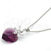 Rhodium Plated Pendant Necklace, Heart and Flower Design, with Amethyst Swarovski Crystals and White Cubic Zirconia, Polished, Rhodium Finish, 04.239.0019.1.16