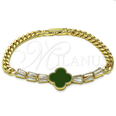 Oro Laminado Fancy Bracelet, Gold Filled Style Four-leaf Clover and Baguette Design, with Green Mother of Pearl and White Cubic Zirconia, Polished, Golden Finish, 03.283.0415.3.07