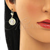Oro Laminado Dangle Earring, Gold Filled Style Guadalupe Design, Diamond Cutting Finish, Tricolor, 02.351.0065.1