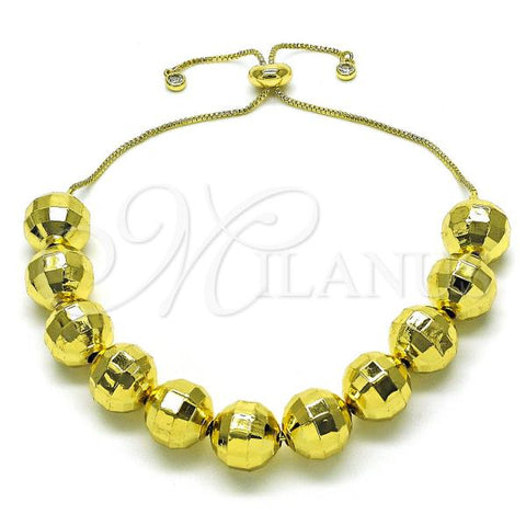 Oro Laminado Adjustable Bolo Bracelet, Gold Filled Style Ball and Disco Design, with White Cubic Zirconia, Diamond Cutting Finish, Golden Finish, 03.368.0096.11
