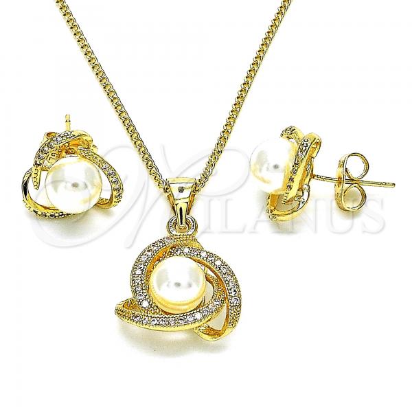 Oro Laminado Earring and Pendant Adult Set, Gold Filled Style with Ivory Pearl and White Micro Pave, Polished, Golden Finish, 10.156.0449