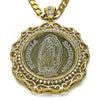 Oro Laminado Religious Pendant, Gold Filled Style Guadalupe and Centenario Coin Design, with White Cubic Zirconia, Polished, Golden Finish, 05.380.0162.1