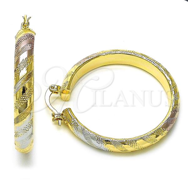 Oro Laminado Medium Hoop, Gold Filled Style Hollow Design, Diamond Cutting Finish, Tricolor, 02.170.0185.1.40