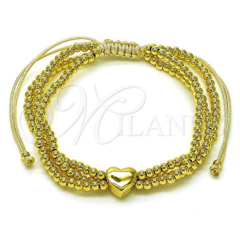 Oro Laminado Adjustable Bolo Bracelet, Gold Filled Style Heart and Ball Design, Polished, Golden Finish, 03.341.0233.11