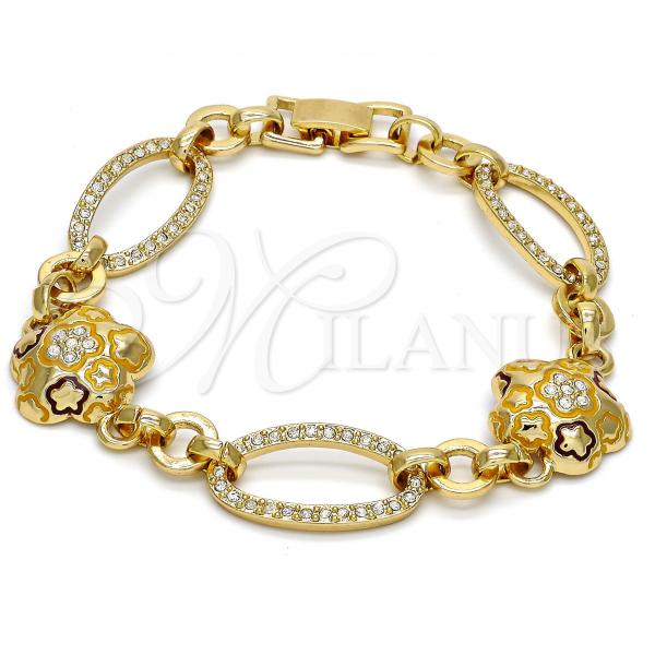 Oro Laminado Fancy Bracelet, Gold Filled Style Flower and Star Design, with White Crystal, Multicolor Enamel Finish, Golden Finish, 03.59.0069.08