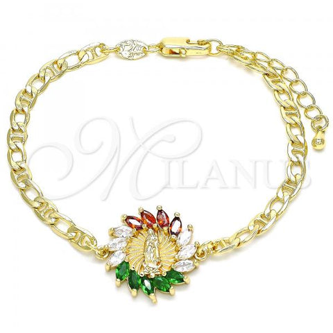Oro Laminado Fancy Bracelet, Gold Filled Style Guadalupe Design, with Multicolor Cubic Zirconia, Polished, Golden Finish, 03.210.0149.1.07