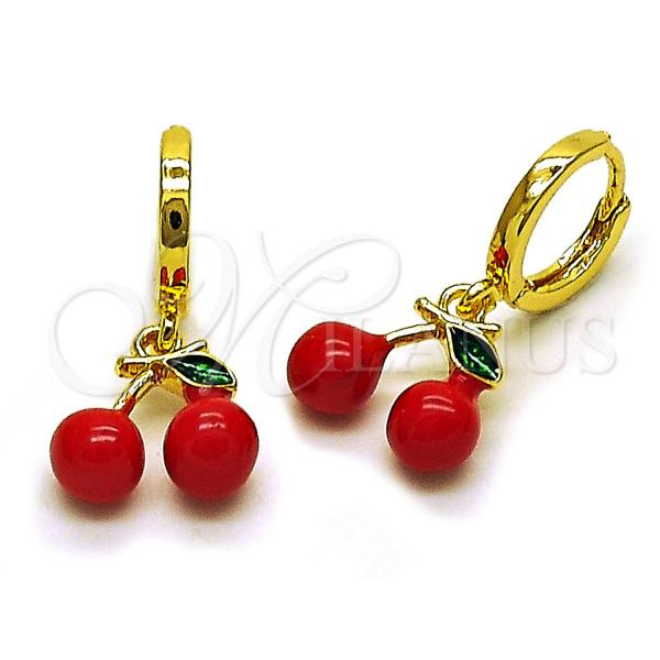 Oro Laminado Dangle Earring, Gold Filled Style Cherry Design, Red Enamel Finish, Golden Finish, 02.417.0005