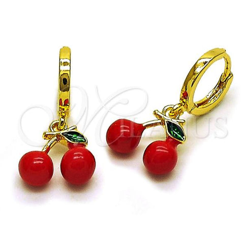 Oro Laminado Dangle Earring, Gold Filled Style Cherry Design, Red Enamel Finish, Golden Finish, 02.417.0005