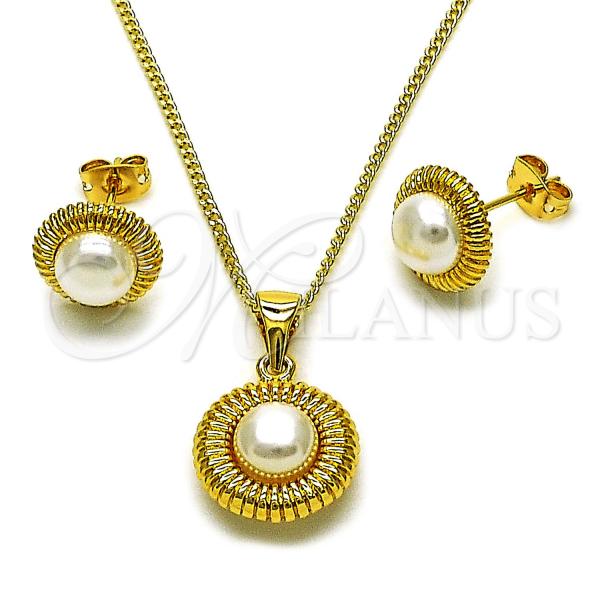 Oro Laminado Earring and Pendant Adult Set, Gold Filled Style Flower Design, with Ivory Pearl, Polished, Golden Finish, 10.342.0254