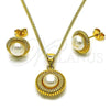 Oro Laminado Earring and Pendant Adult Set, Gold Filled Style Flower Design, with Ivory Pearl, Polished, Golden Finish, 10.342.0254